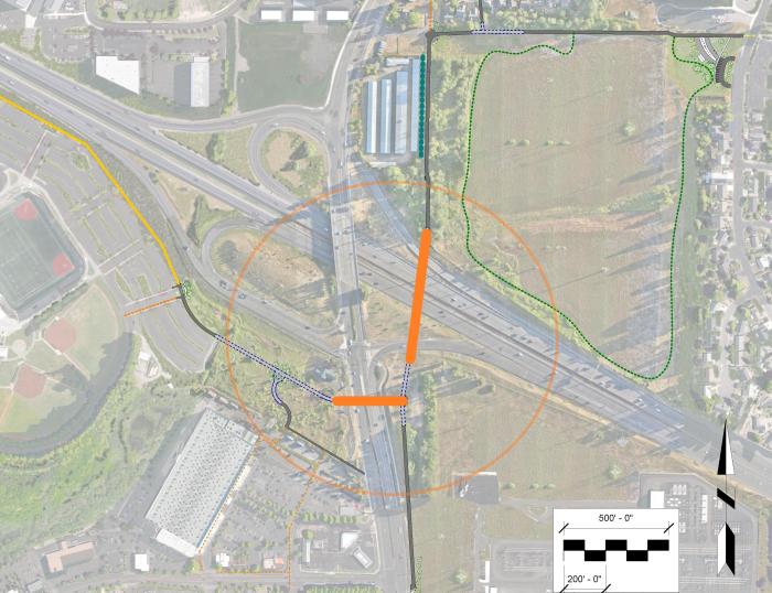 "Map highlighting location of proposed bike and pedestrian bridges over Cornelius Pass Road and U.S. 26 south and east of the overpass"